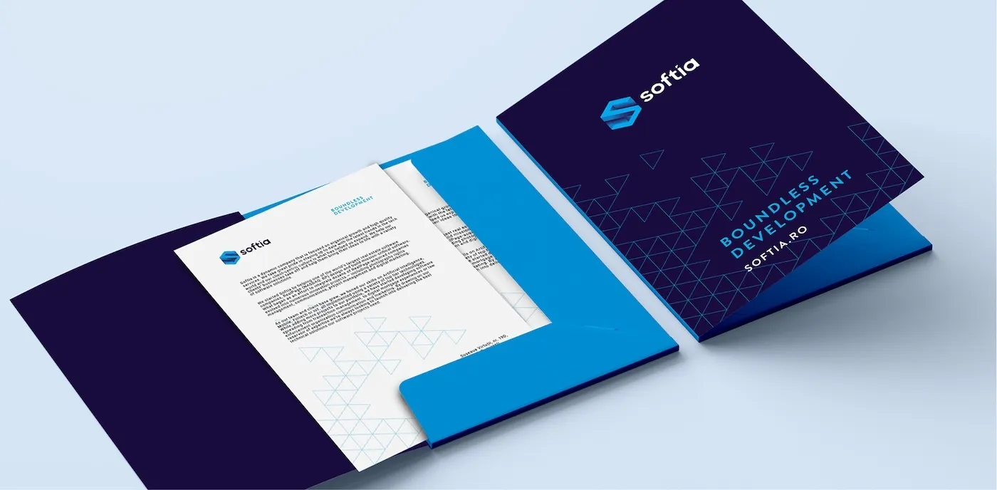 Softia brand identity application — stationery