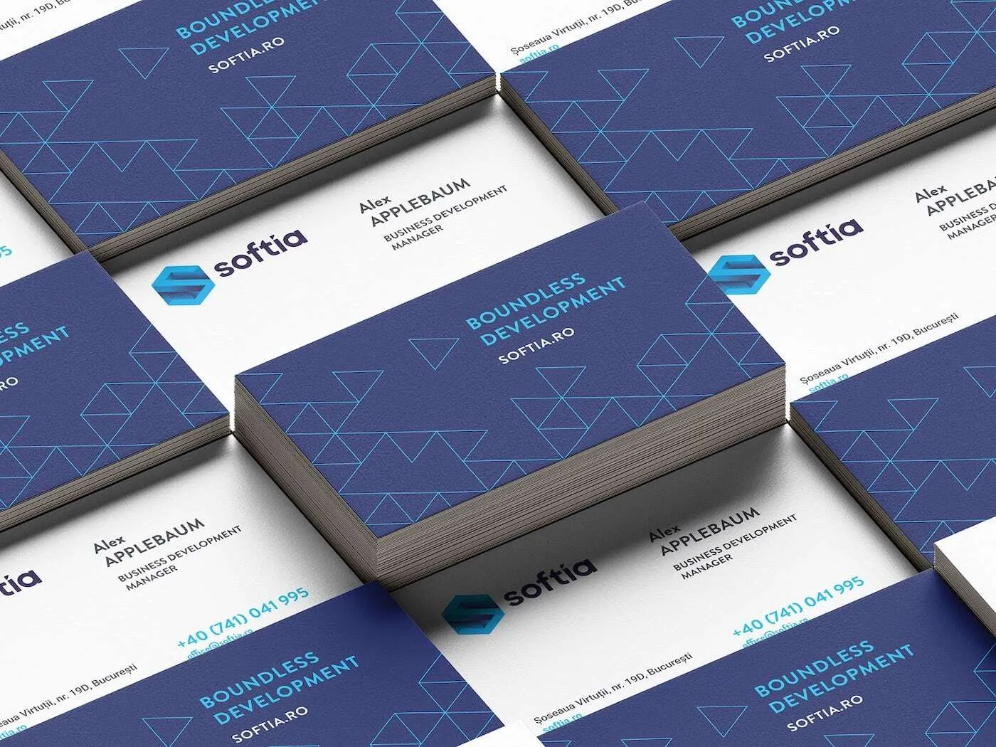 Softia brand identity application — business stationery