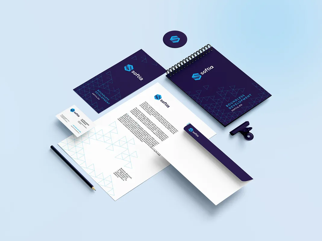 Softia brand identity application — brand collateral